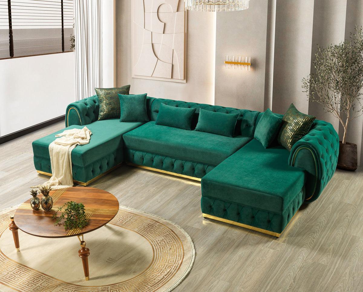 Oprah Green Velvet Double Chaise Sectional - Ella Furniture