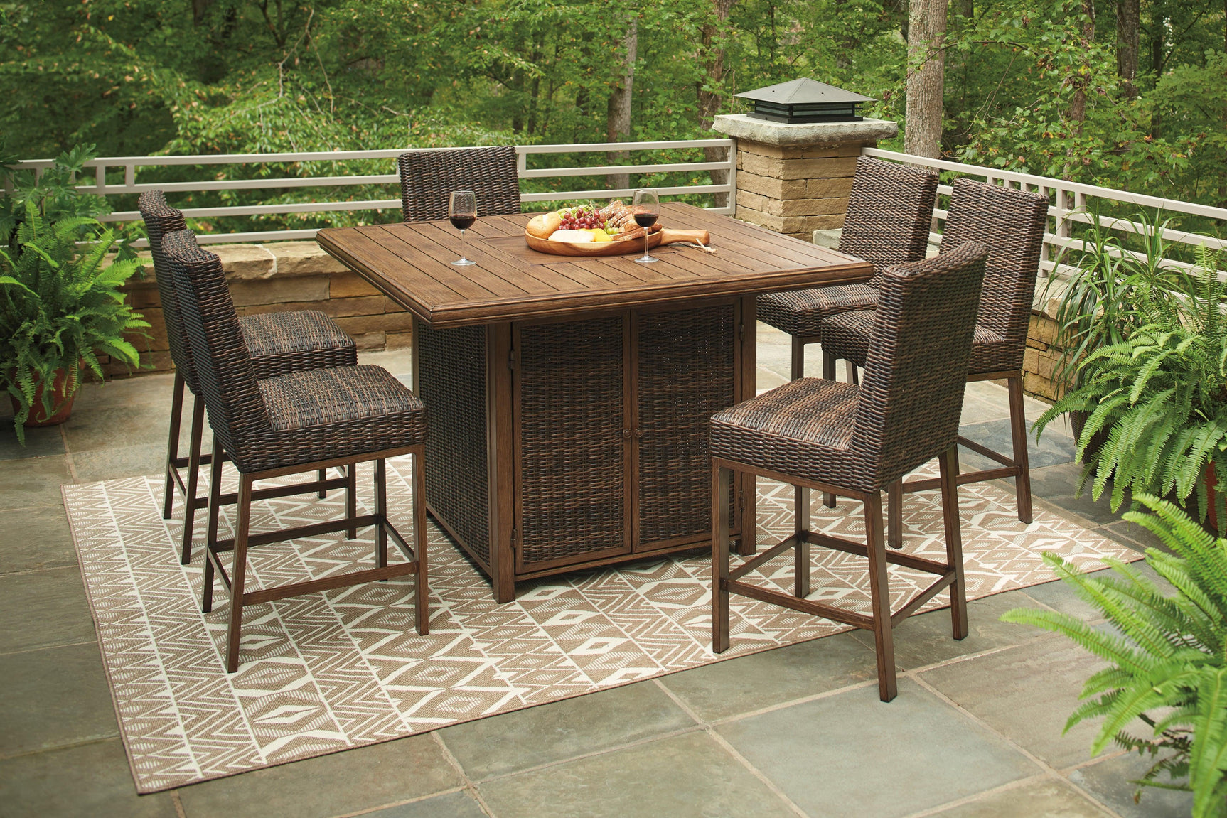 Paradise Medium Brown Trail Outdoor Bar Table And 6 Barstools - Ella Furniture