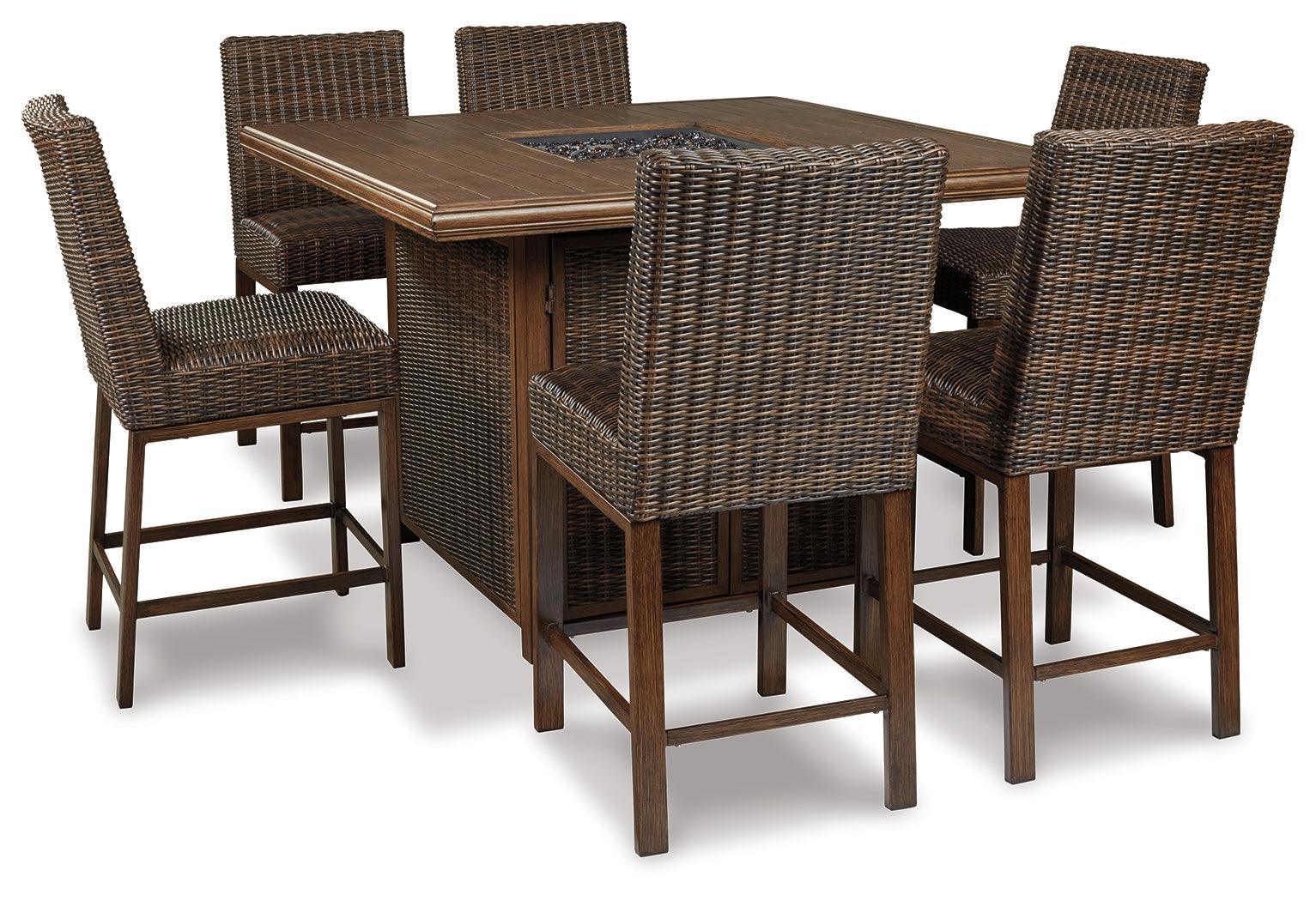 Paradise Medium Brown Trail Outdoor Bar Table And 6 Barstools - Ella Furniture