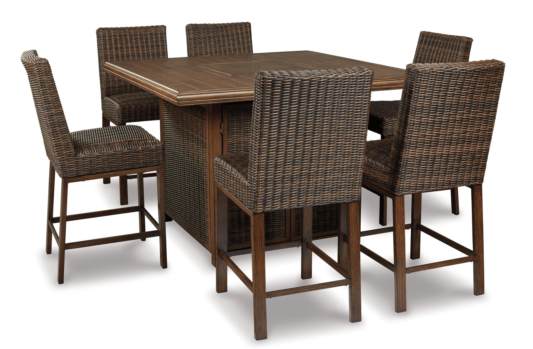 Paradise Medium Brown Trail Outdoor Bar Table And 6 Barstools - Ella Furniture