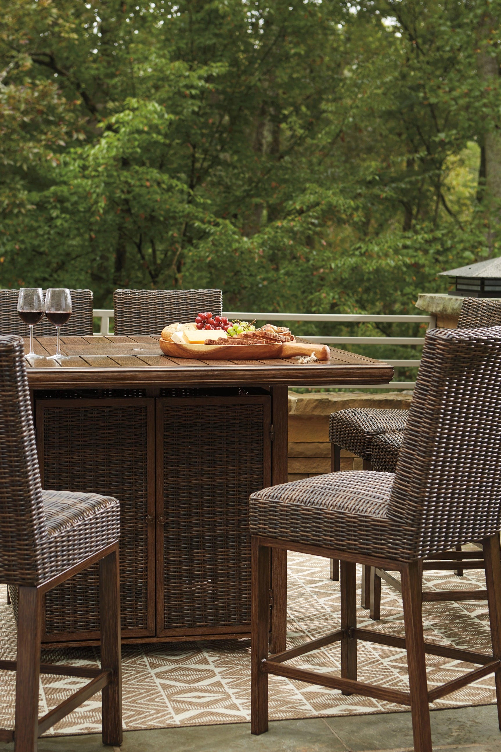 Paradise Medium Brown Trail Outdoor Bar Table And 6 Barstools - Ella Furniture