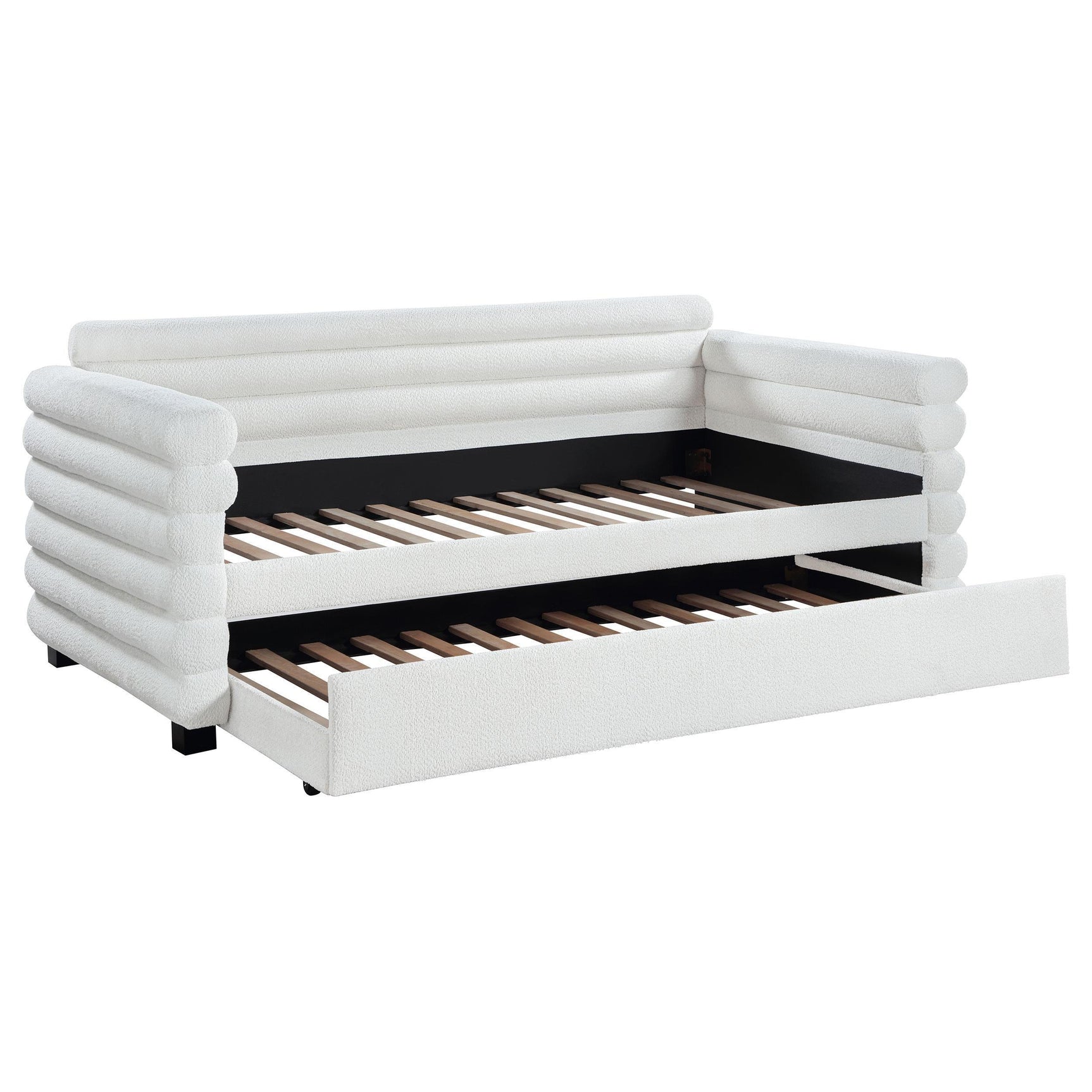 Patricia Boucle Upholstered Twin Day Bed with Trundle White 300716 - Ella Furniture