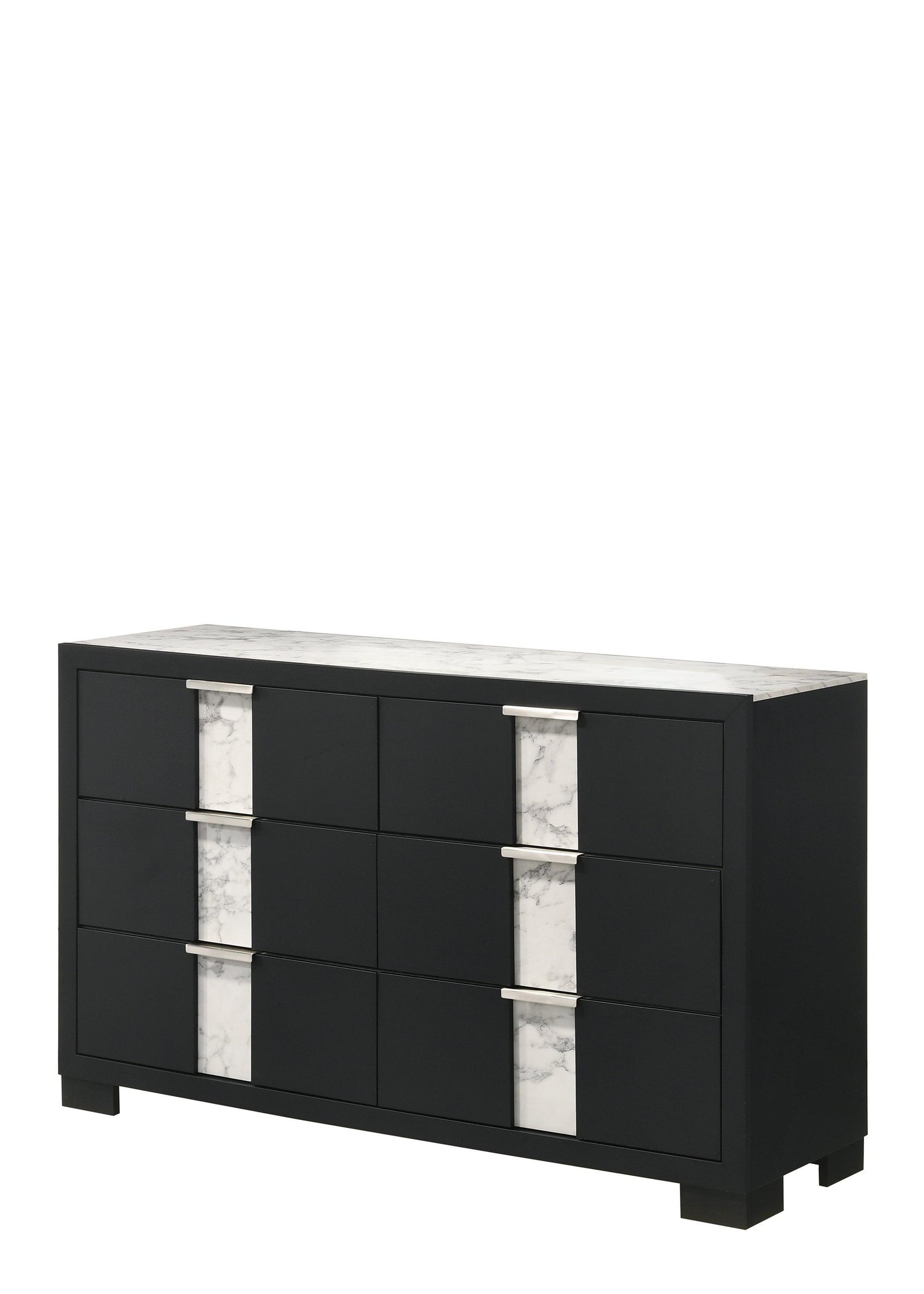 Rangley Black Modern Contemporary Solid Wood Marble 6-Drawers Dresser - Ella Furniture
