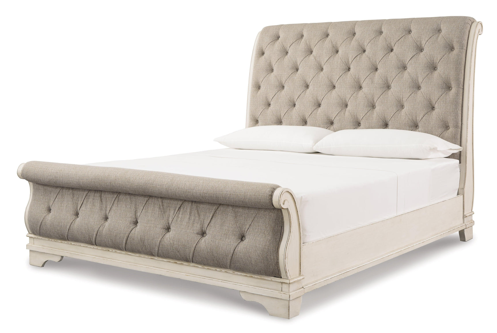 Realyn Chipped White Upholstered Sleigh Bedroom Set - Ella Furniture