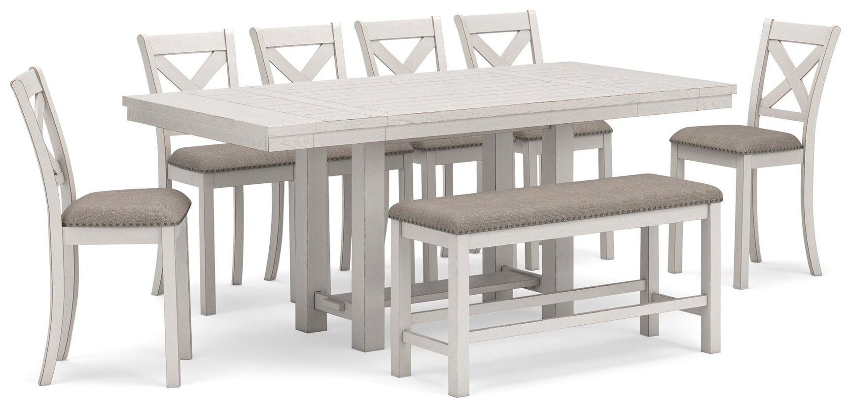 Robbinsdale Antique White Counter Height Dining Table And 6 Barstools And Bench - Ella Furniture