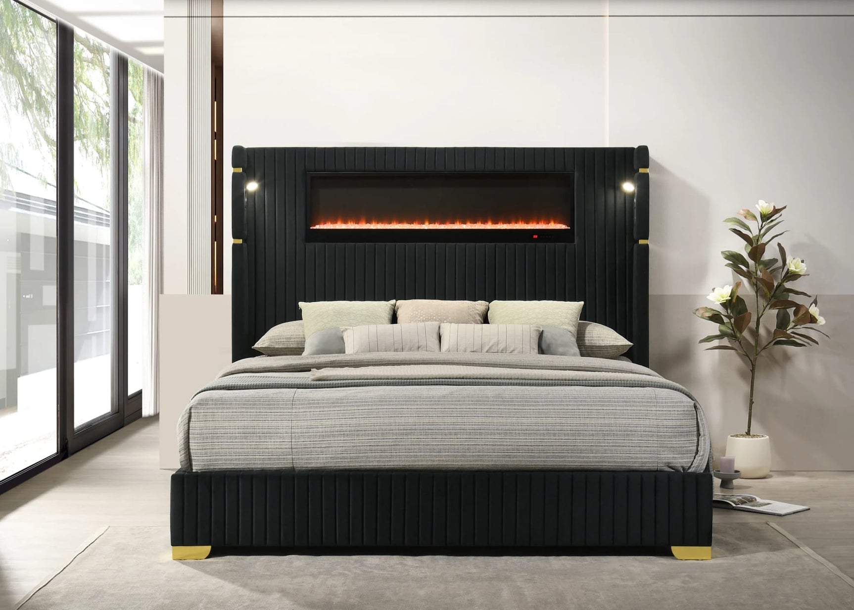 Romance Black Upholstered LED Platform King Bed from Ella Furniture