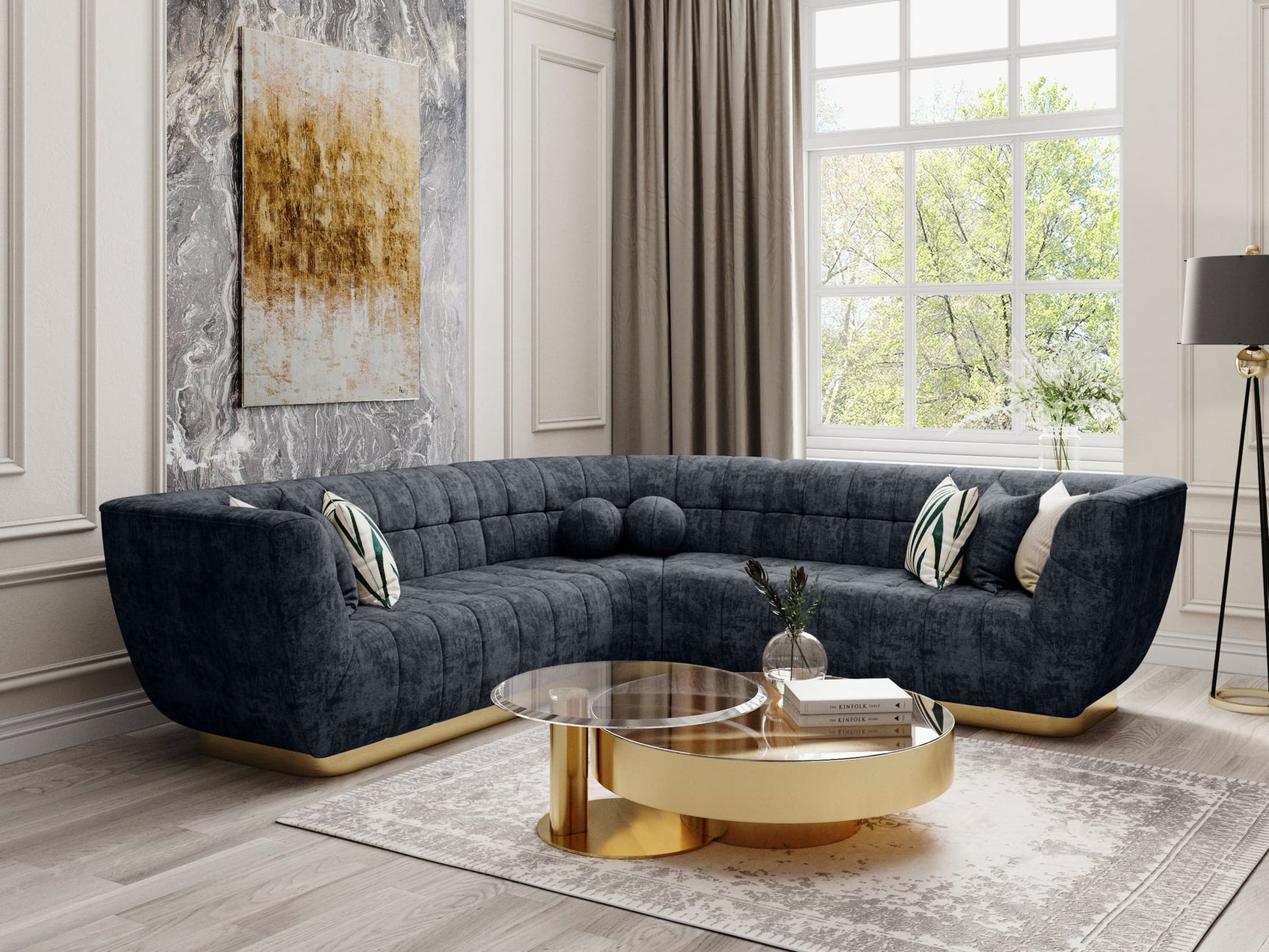 Rosa Midnight Black Premium Chenille Sectional with Gold Base from Ella Furniture