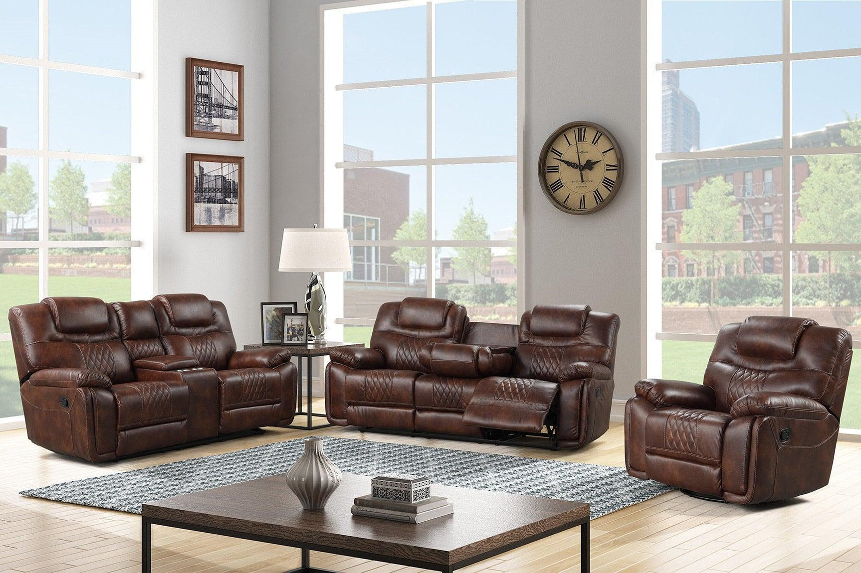 Galveston Brown Modern Contemporary Solid Wood Faux Leather Gel 3Pc Oversize Reclining Set - Ella Furniture
