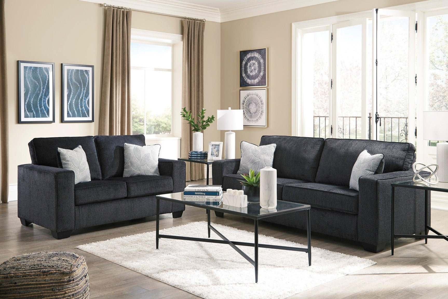 Ashley Slate Modern Contemporary Solid Wood Fabric Upholstered Sofa & Loveseat Set - Ella Furniture