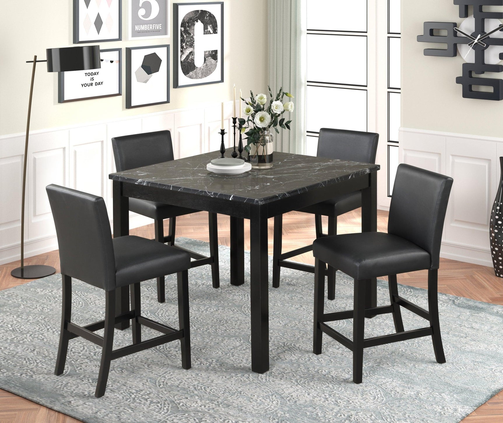 Dior Oynx Black Marble Top And Faux Leather Dining Room Set - Ella Furniture
