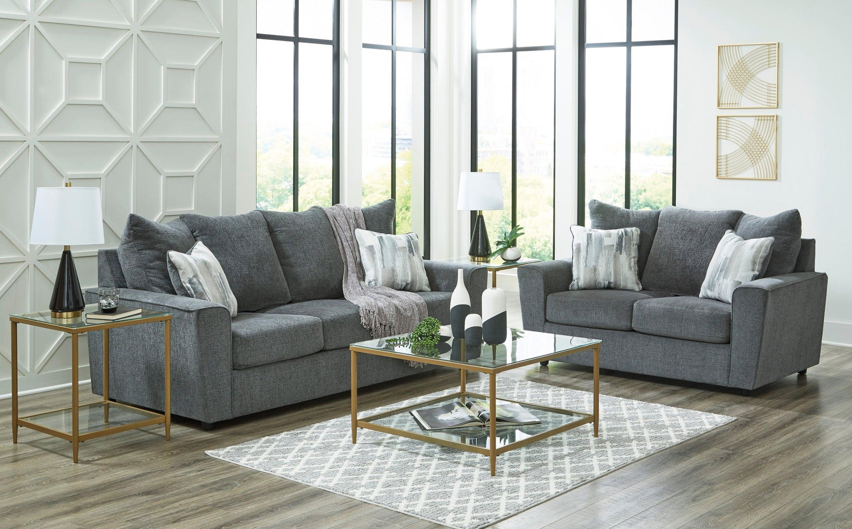 Ashley Gravel Modern Contemporary Solid Wood Fabric Upholstered Sofa & Loveseat - Ella Furniture