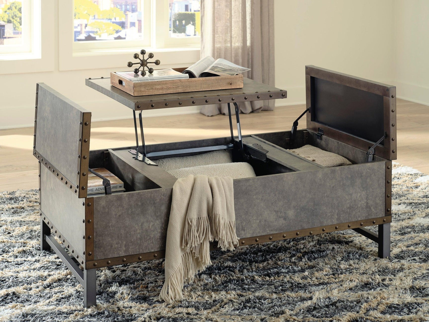 Brown Modern Contemporary Metal Solid Wood Lift Top Rectangular Storage Cocktail Table - Ella Furniture