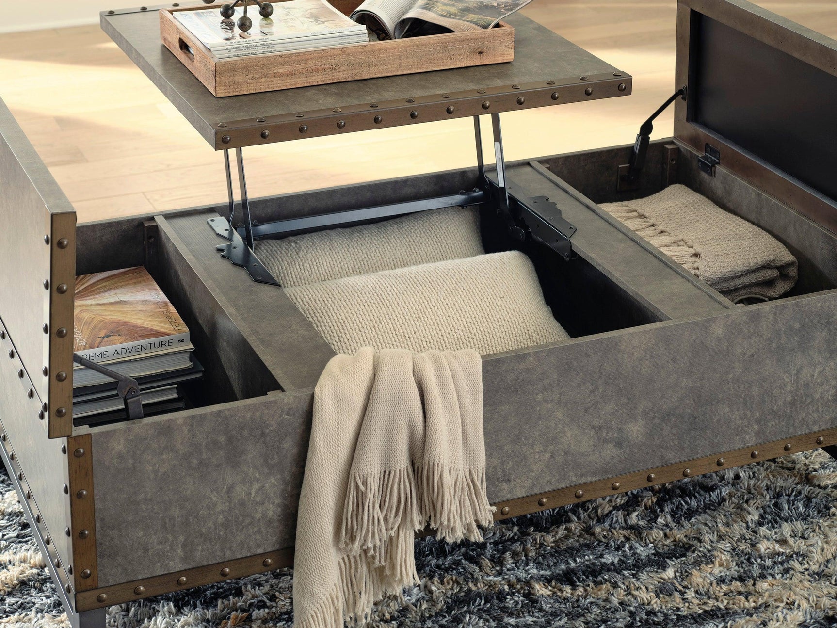 Brown Modern Contemporary Metal Solid Wood Lift Top Rectangular Storage Cocktail Table - Ella Furniture