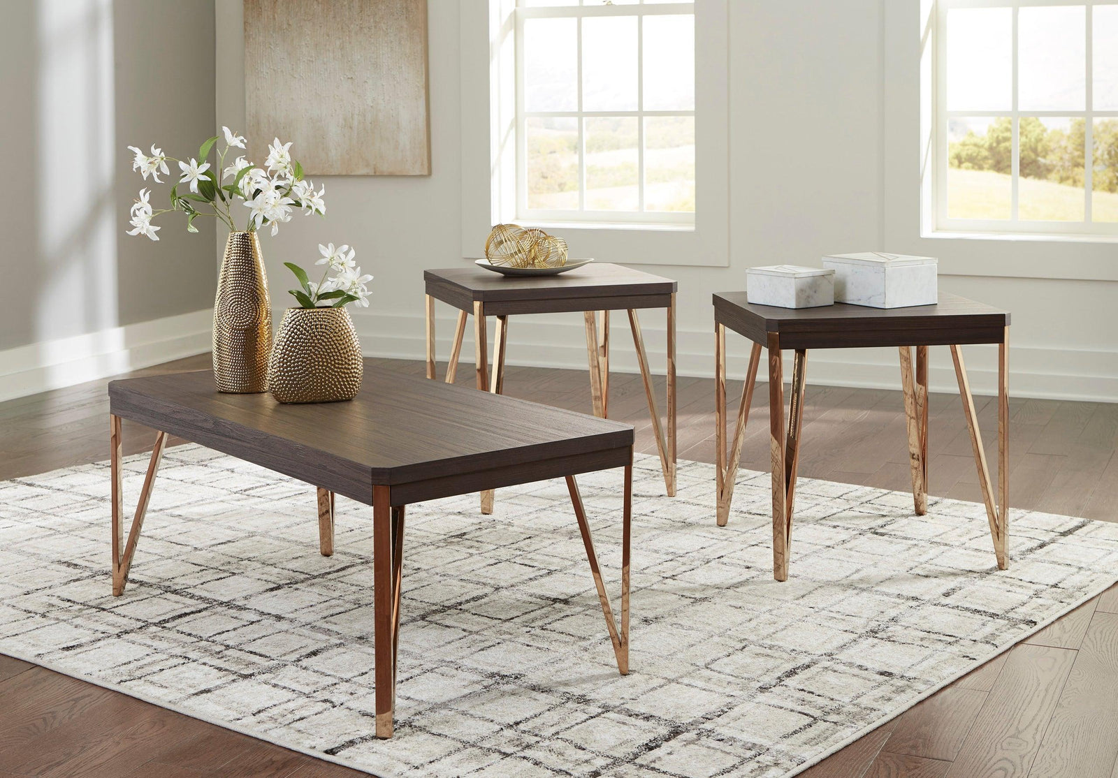 Brown/Champagne Modern Contemporary Solid Wood Metal Rectangular Occasional Table Set - Ella Furniture