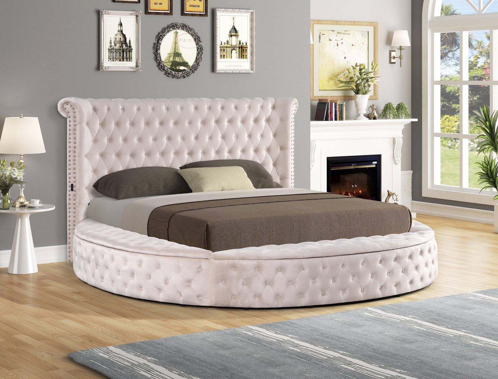 Penthouse Beige Velvet Upholstered Tufted Storage Queen Bed