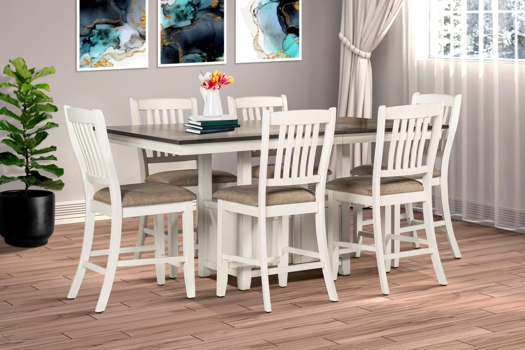 White & Brown Modern Contemporary Solid Wood And Veneers Fabric Dining Room Set - Ella Furniture