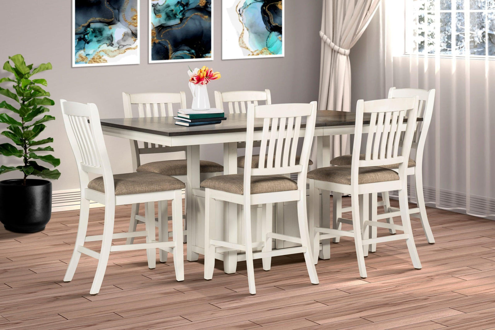 White & Brown Modern Contemporary Solid Wood And Veneers Fabric Dining Room Set - Ella Furniture