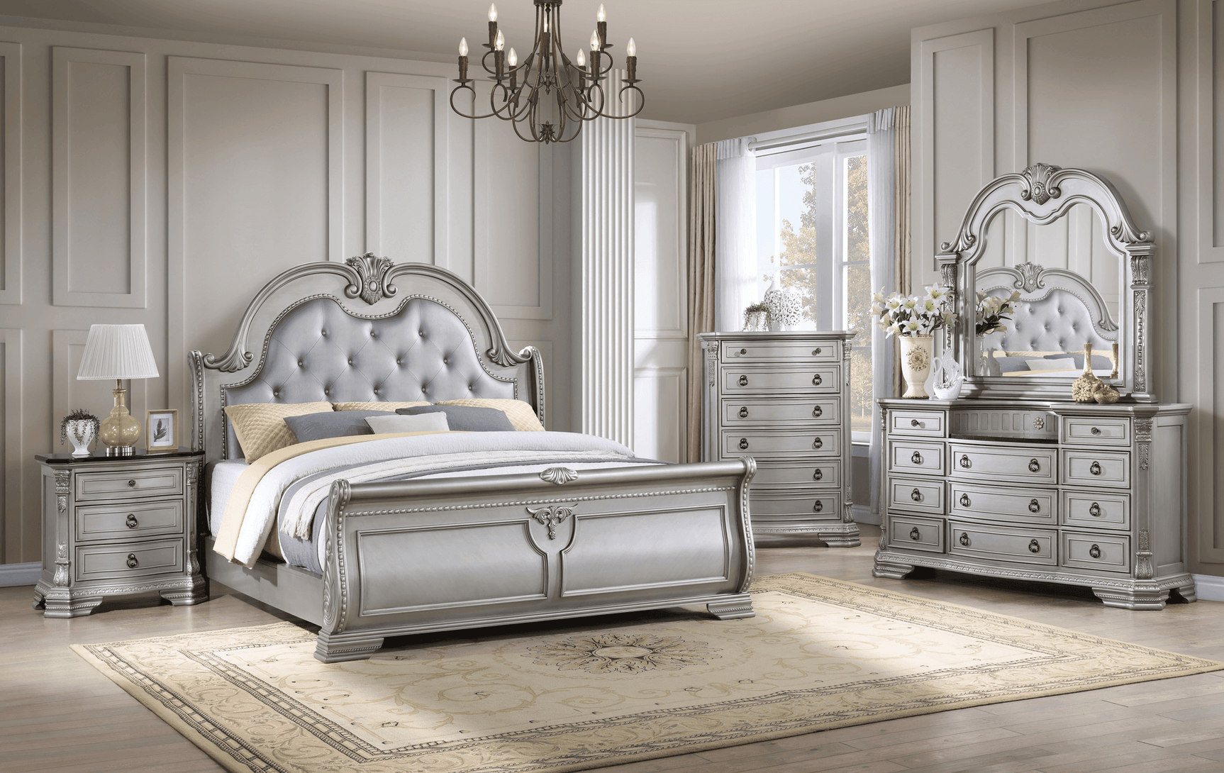 B3010 Gray Silver Upholstered Tufted Bedroom Set - Ella Furniture