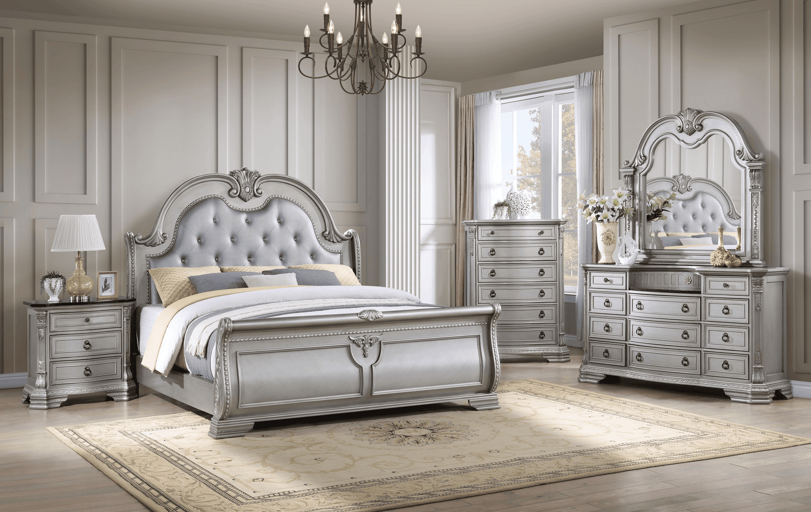 B3010 Gray Silver Upholstered Tufted Bedroom Set - Ella Furniture