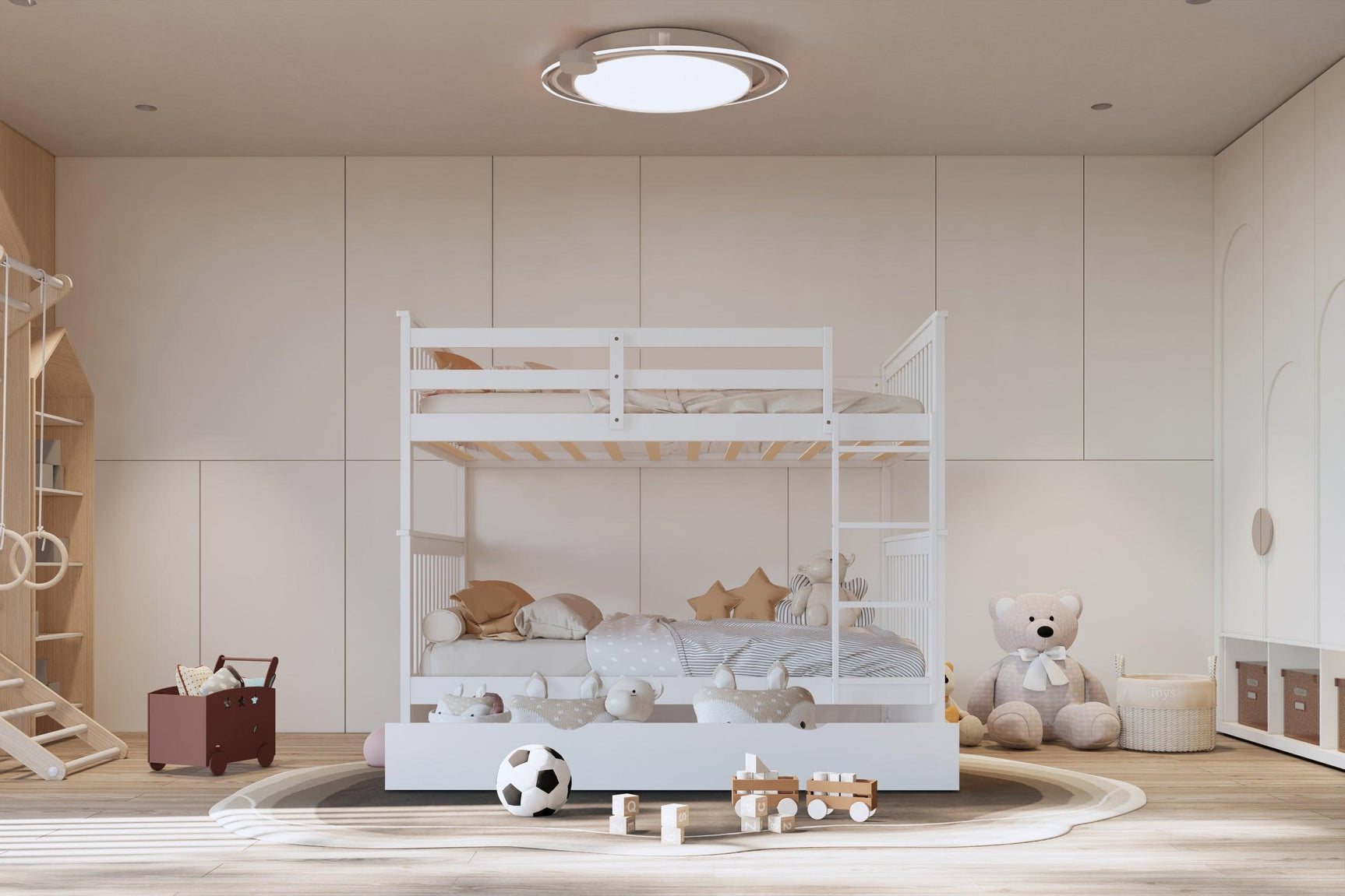 White Modern Solid Wood And Veneers Trundle Twin Over Twin Bunk Beds - Ella Furniture