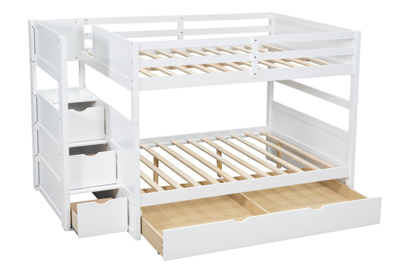 White Full Over Full Trundle Staircase Storage Bunk Bed
