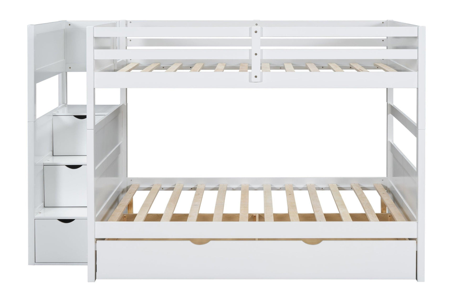 White Full Over Full Trundle Staircase Storage Bunk Bed