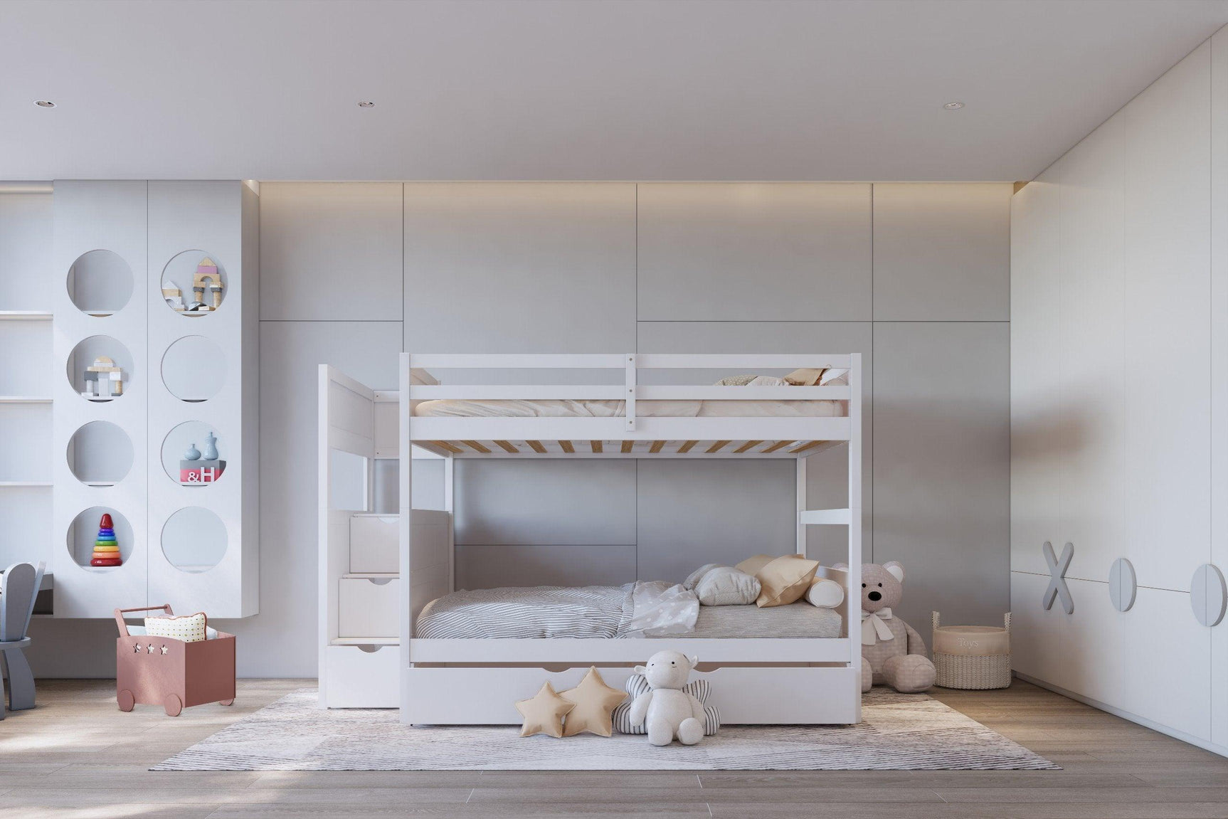 White Full Over Full Trundle Staircase Storage Bunk Bed