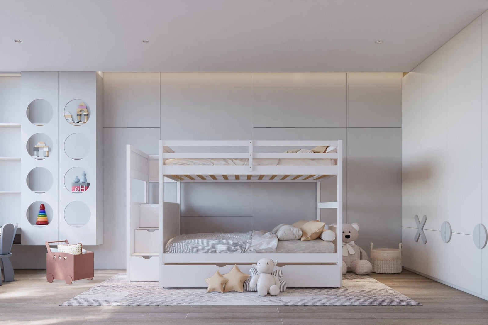 White Full Over Full Trundle Staircase Storage Bunk Bed