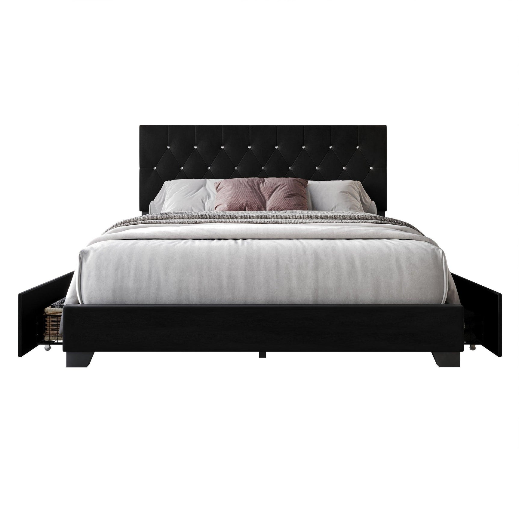Saddy Black Velvet Upholstered Tufted Platform King Bed