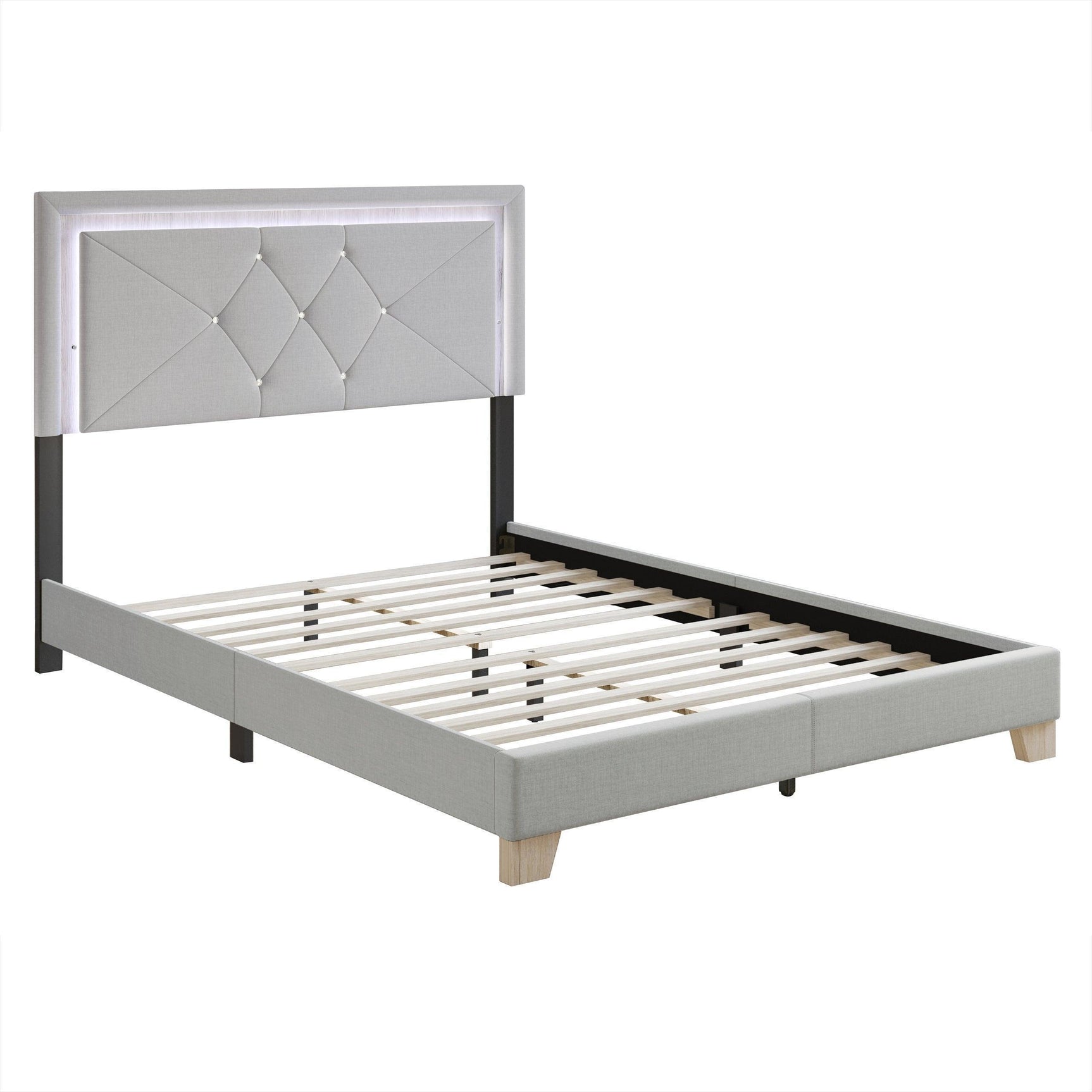 Silver Velvet Upholstered Tufted LED Platform Queen Bed