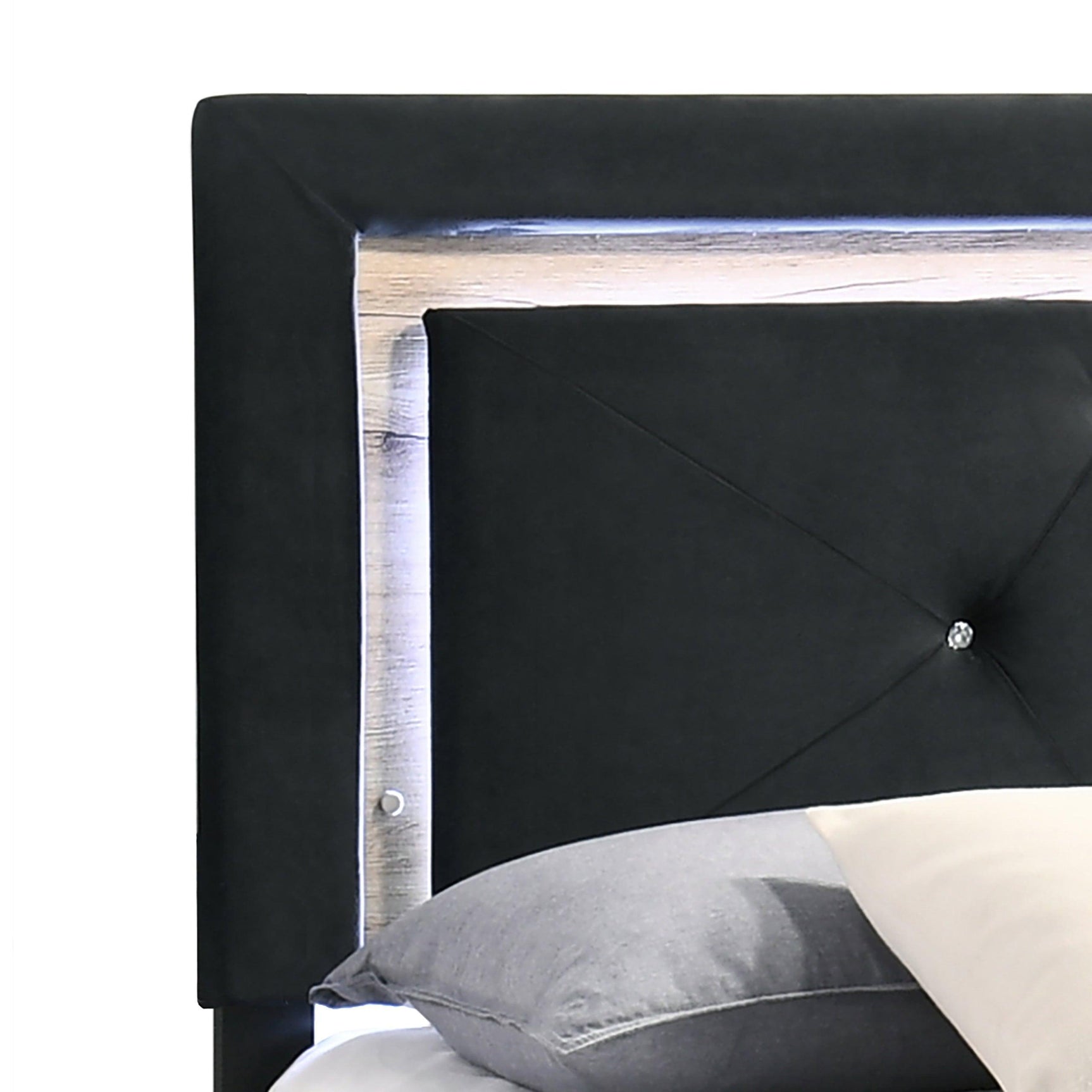 Wally Black Velvet Upholstered Tufted LED Platform Queen Bed