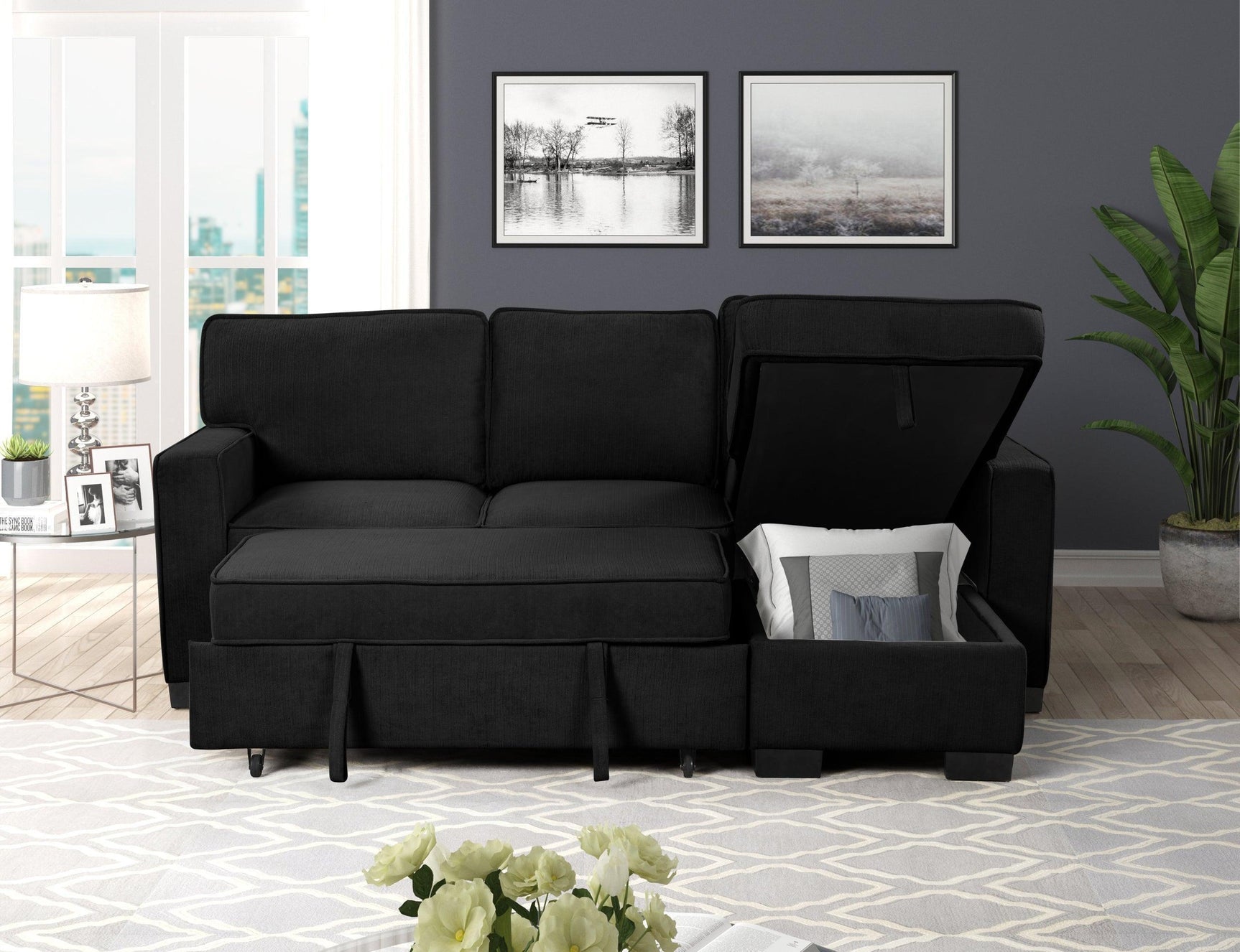 Marcos Black Sectional With Pull-Out Bed