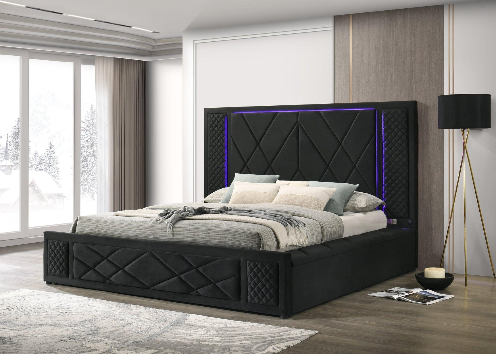 Lorenzo Black Upholstered LED Platform King Bed