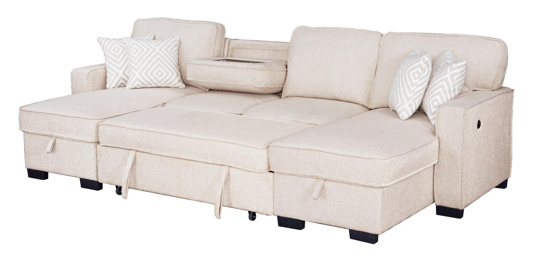 Sahara Beige Double Storage Chaise Sectional w Drop Down Cupholders