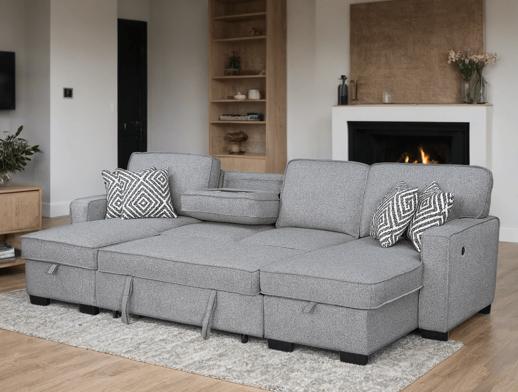 Sahara Gray Double Storage Chaise Sectional w Drop Down Cupholders