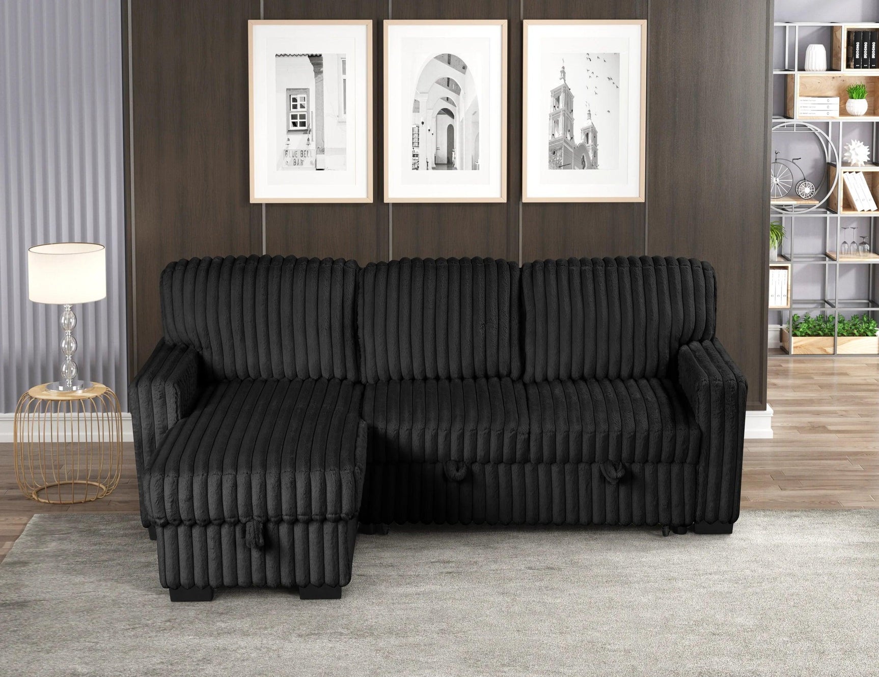 Poland Black Reversible Sectional w Pull-Out Bed