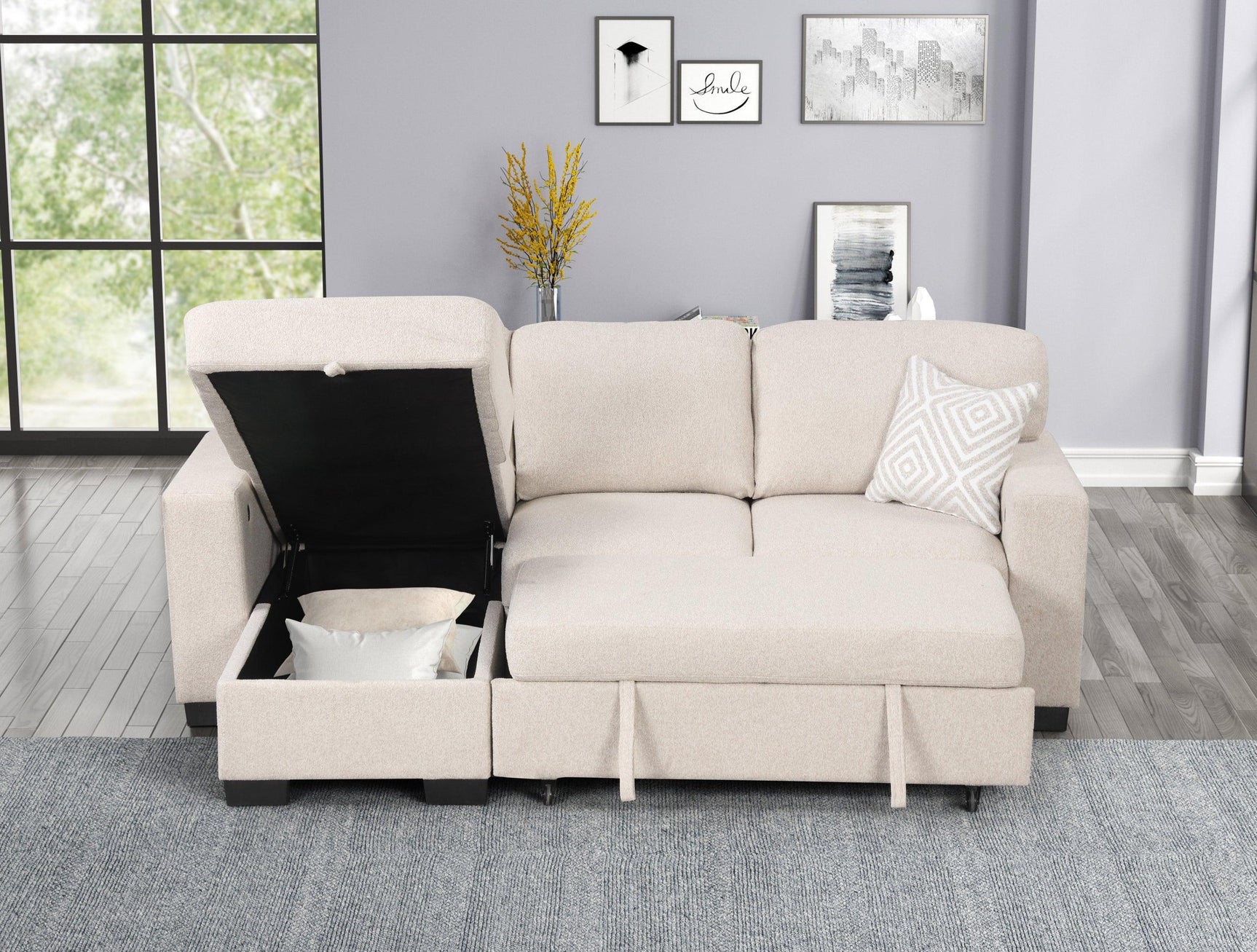 Pacific Beige Reversible Sectional w Pull-Out Bed