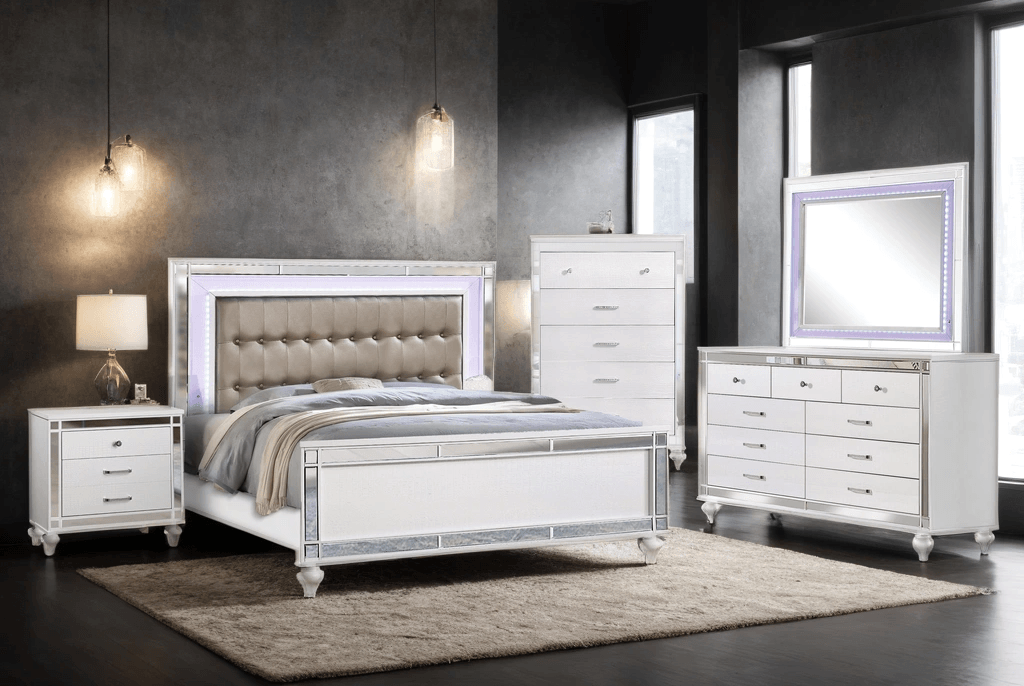 Blanca White Brown Upholstered LED Panel Bedroom Set