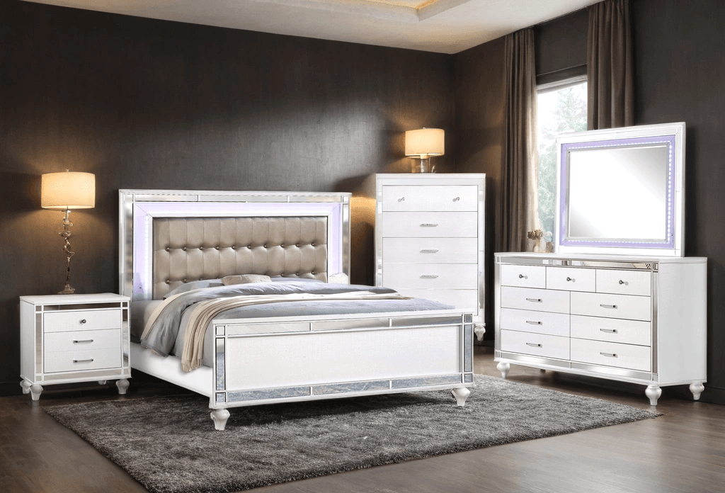 Blanca White Brown Upholstered LED Panel Bedroom Set