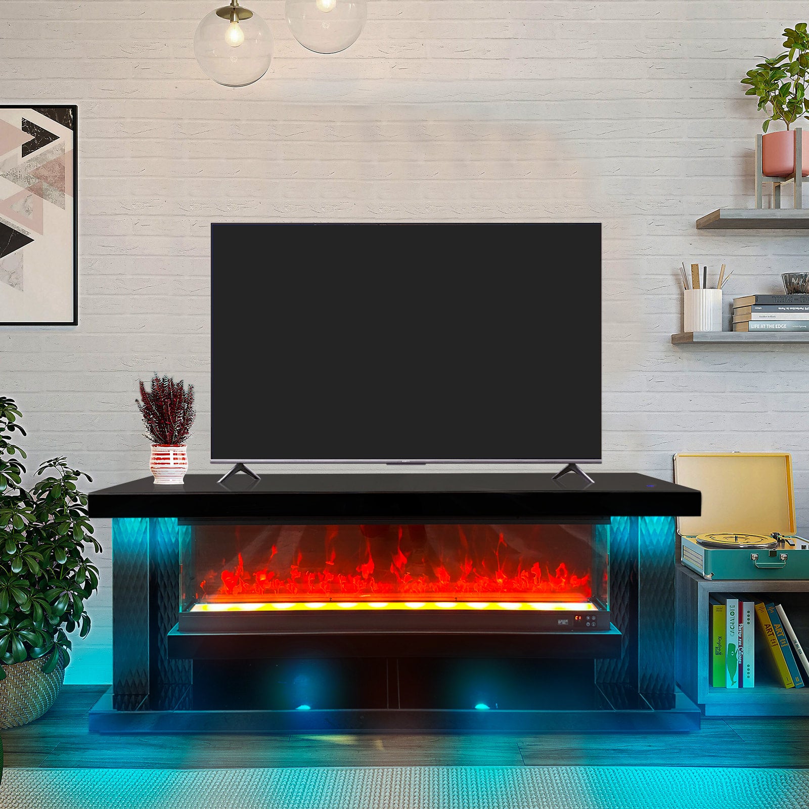 A88 Black TV Stand Fireplace 71"L
