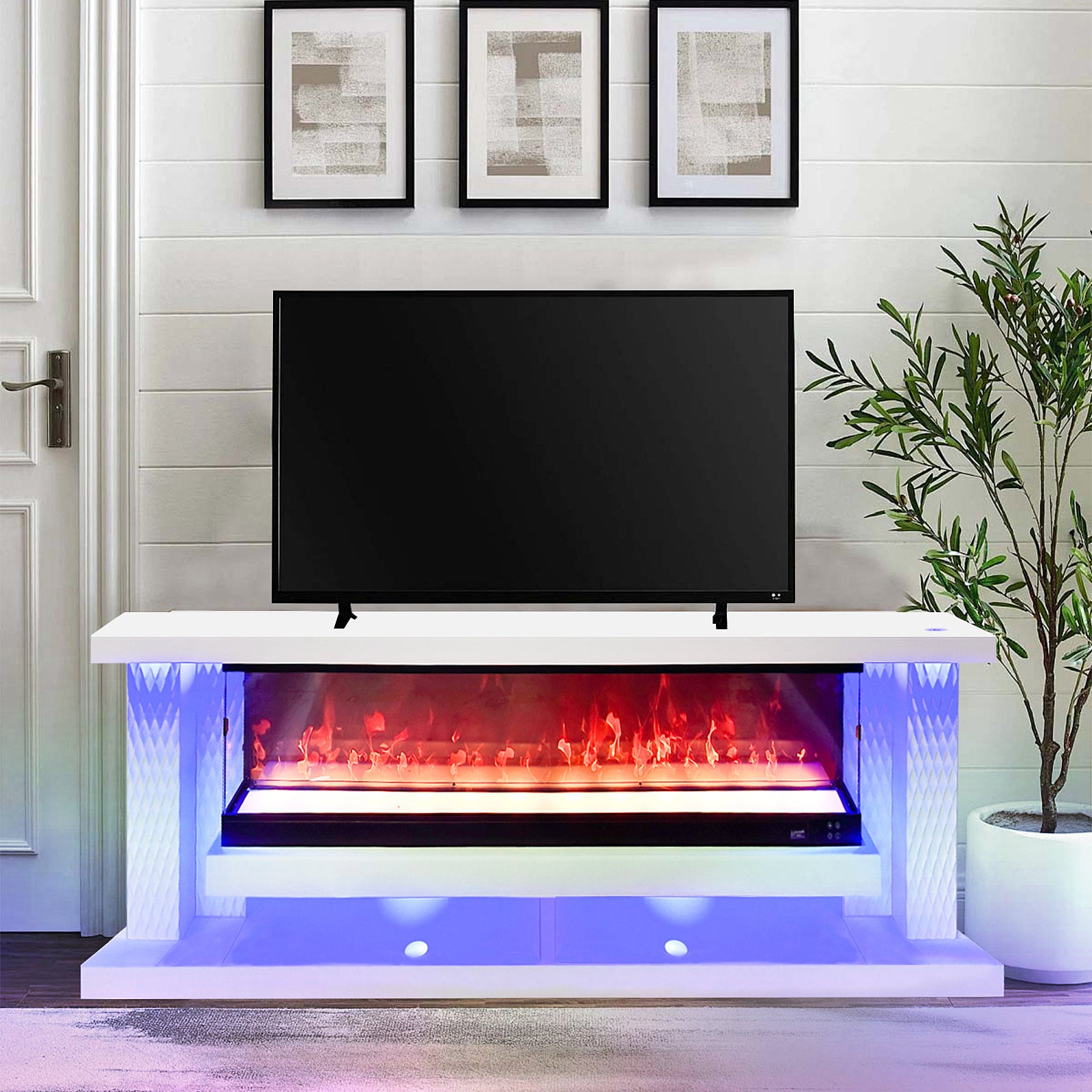 A87 White TV Stand Fireplace 71"