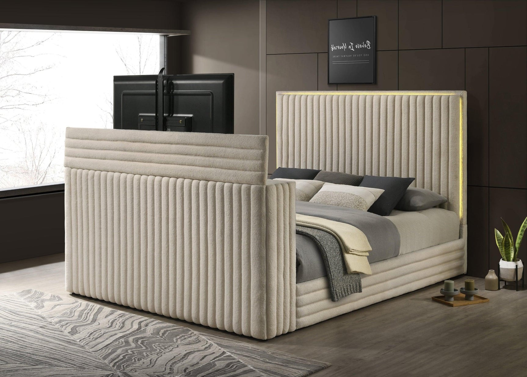 Villa White Uphosltered LED Platform King Bed
