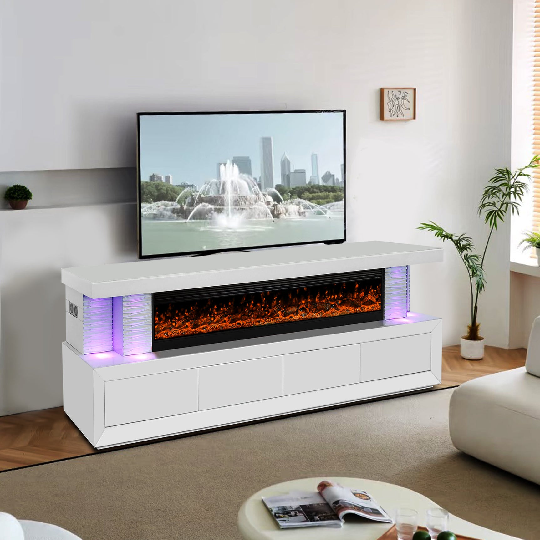 A97 White TV Stand Fireplace
