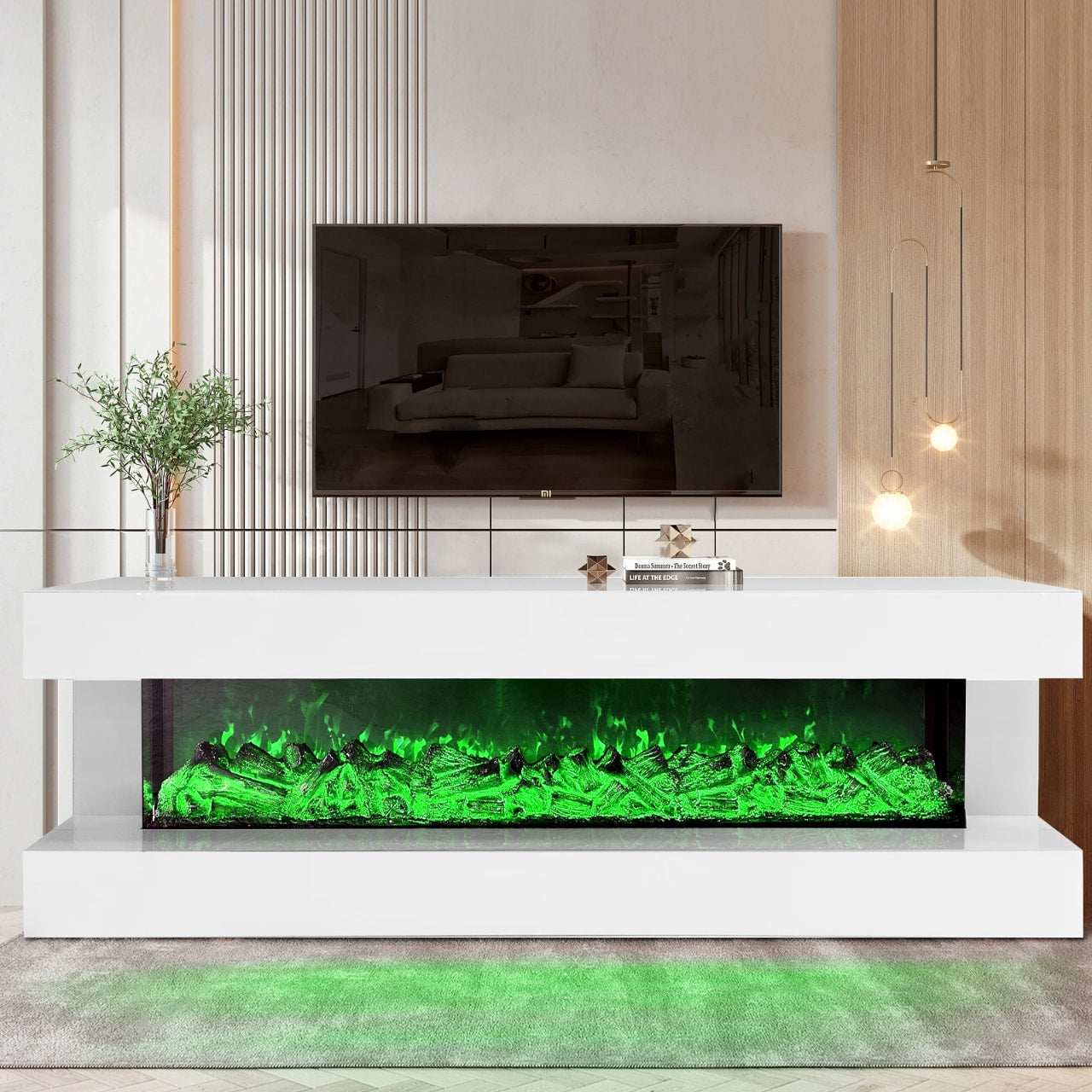 A85 White TV Stand Fireplace