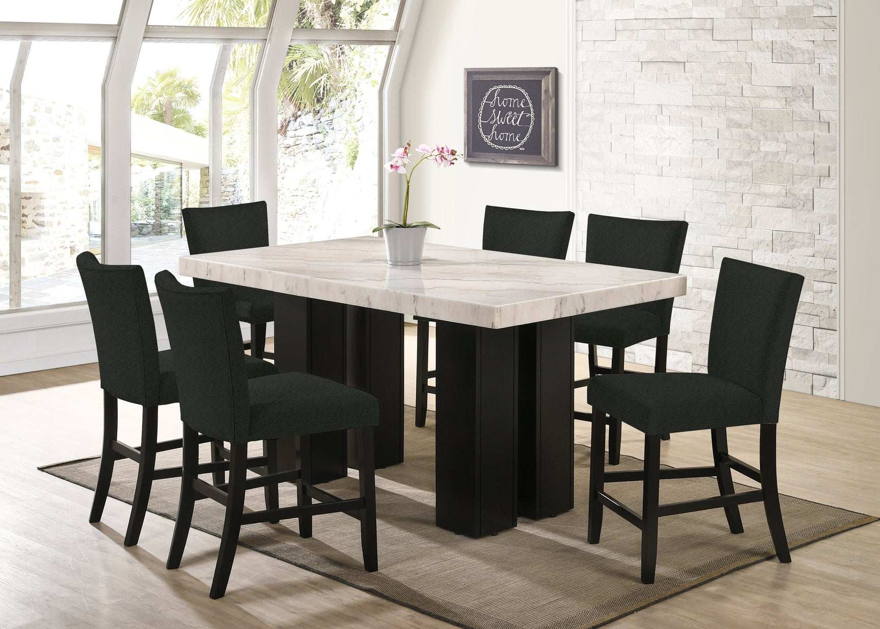 Finley Black Genuine Marble Counter Height Table + 6 Chairs
