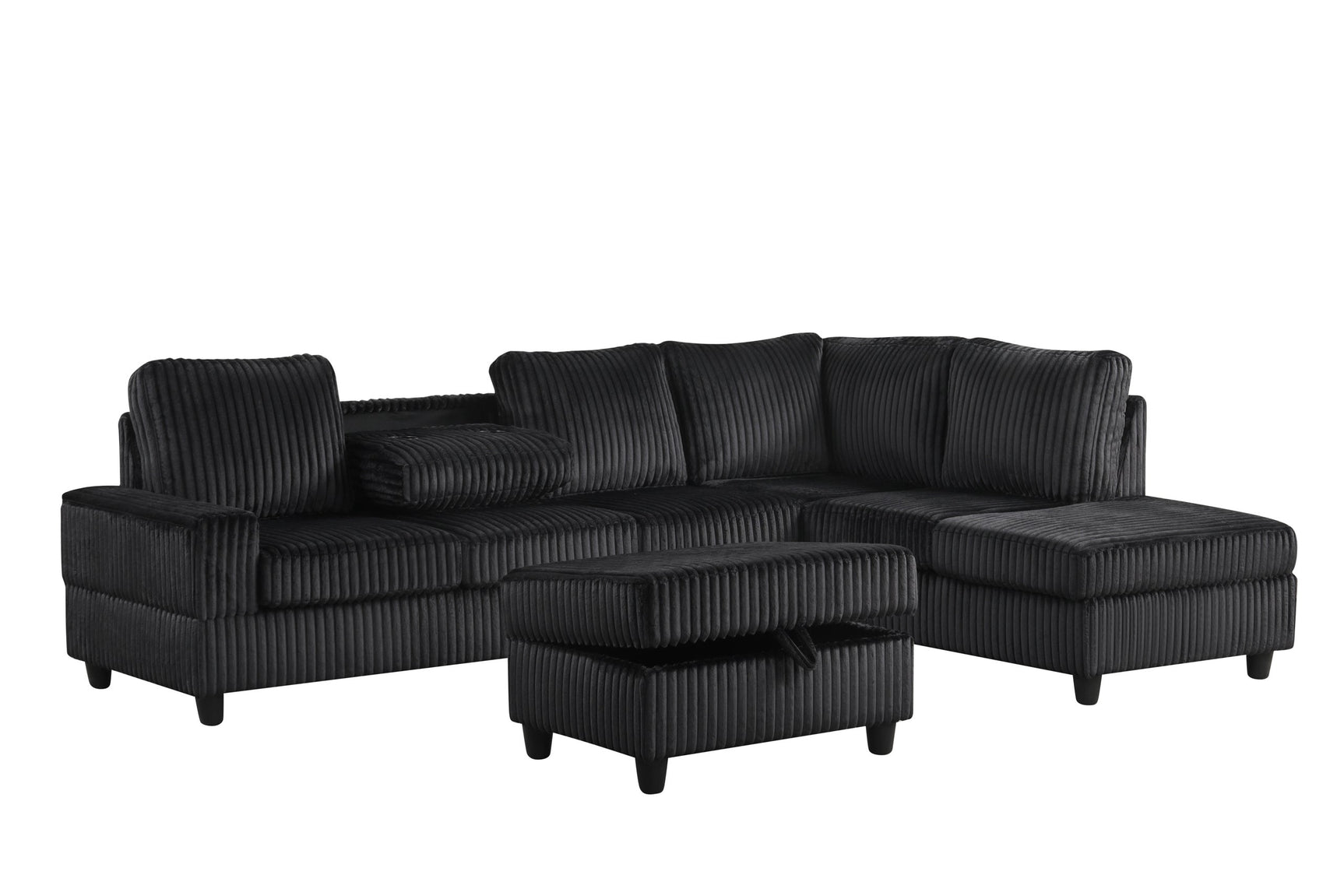 Heights Black Cord Fabric Reversible Sectional + Ottoman