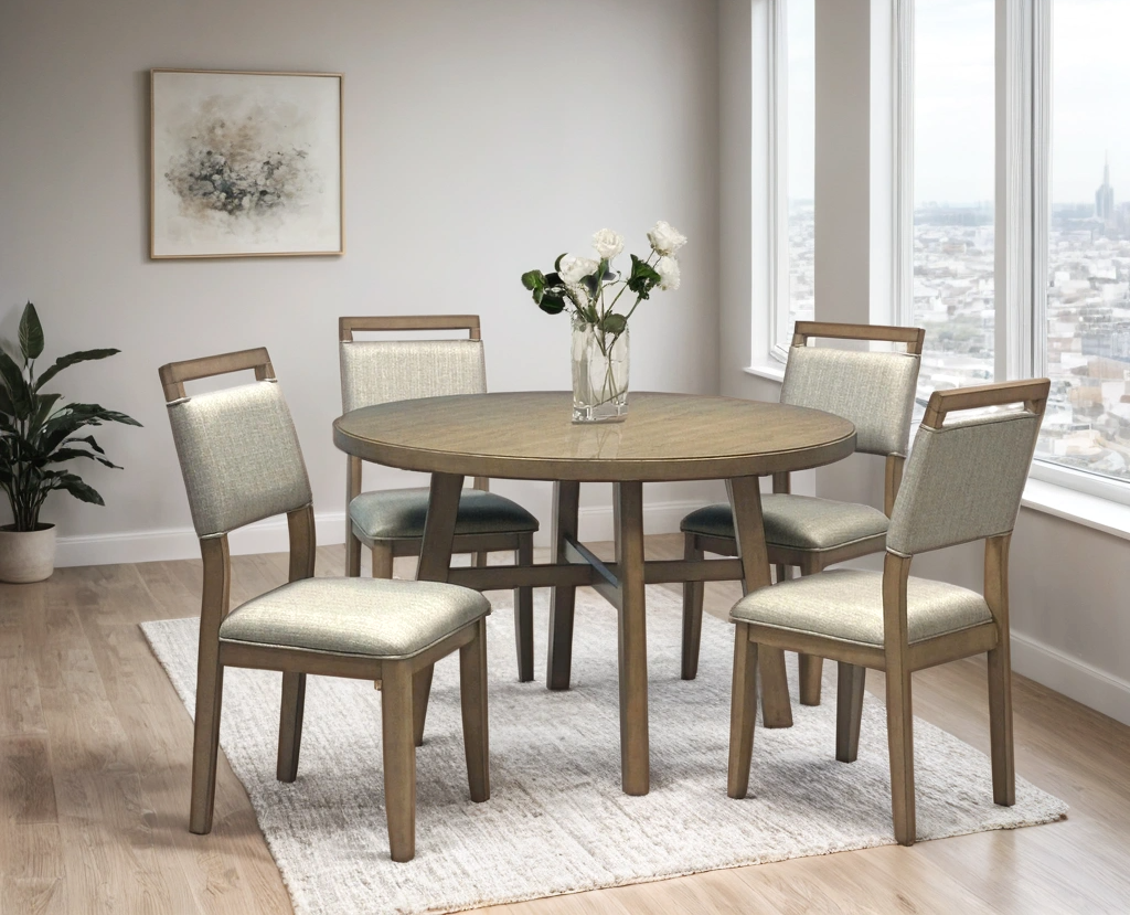 Domino Light Brown Round Dining Table + 4 Chair Set