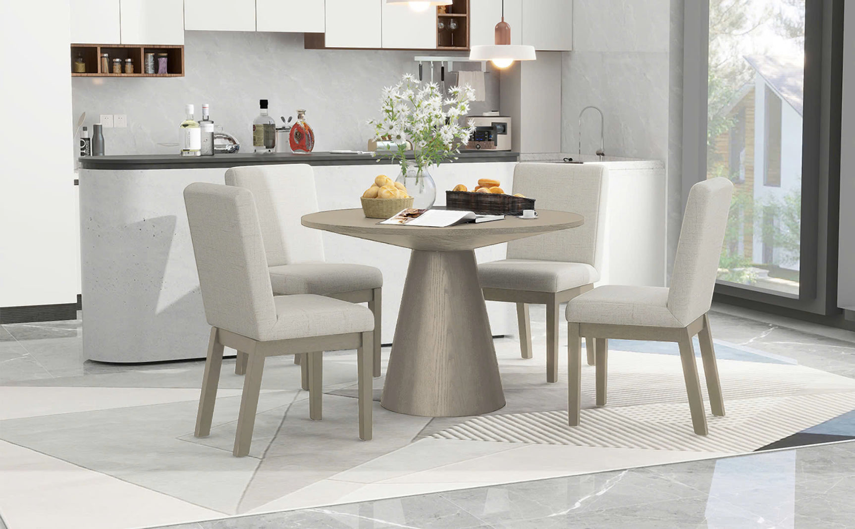 Ditu Light Gray Round Dining Table + 4 Chair Set