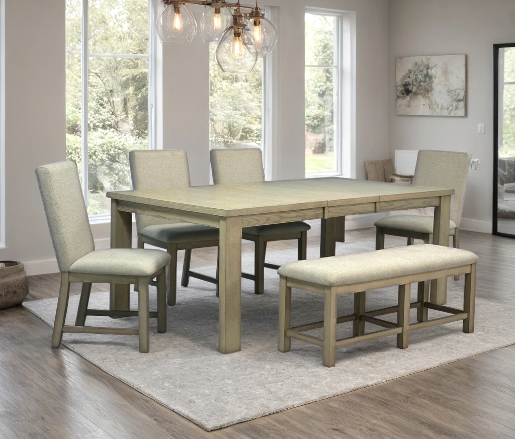 Ditu Light Gray Rectangular Dining Table + 4 Chair + Bench Set