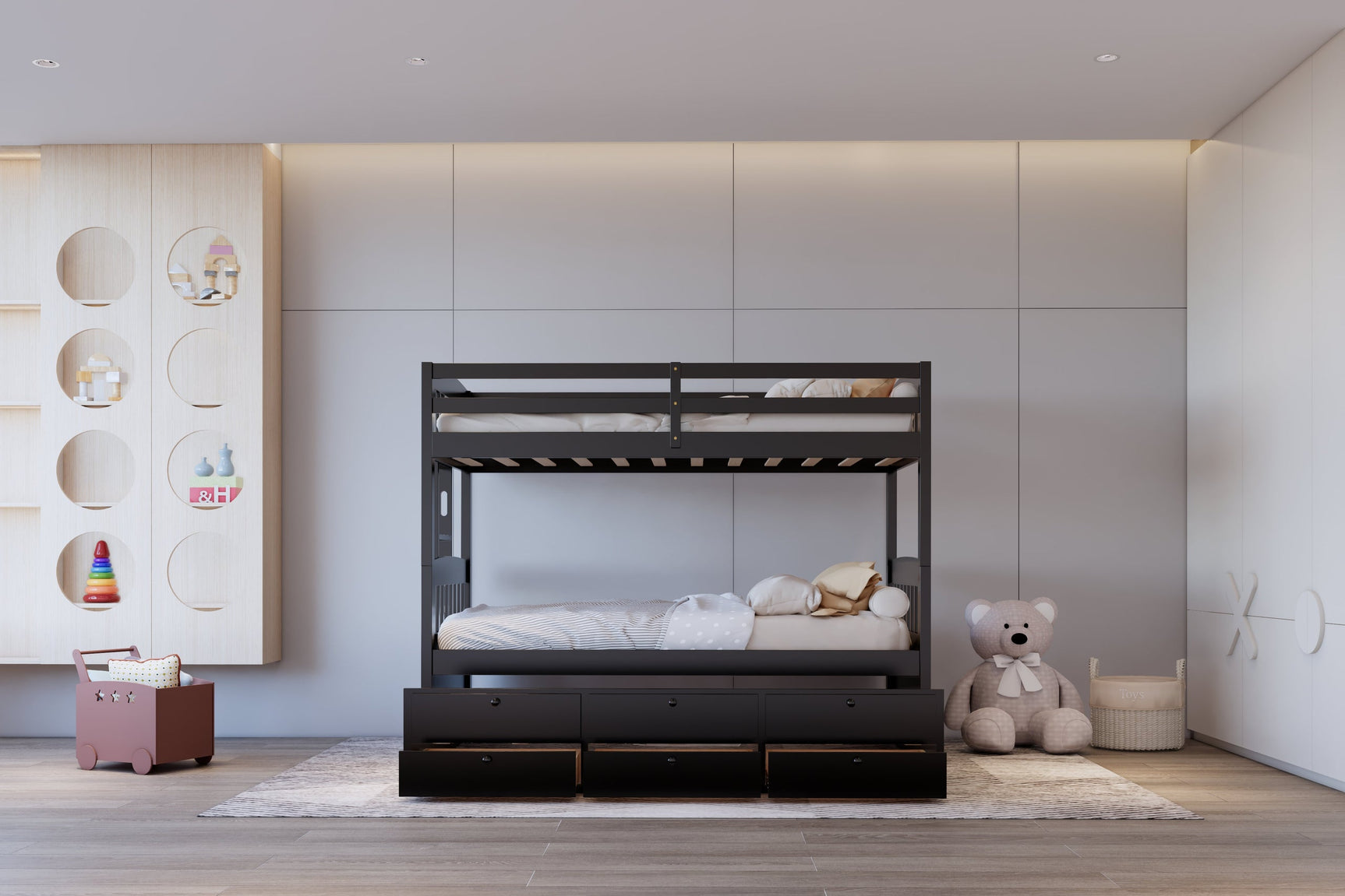 Babylon Black Twin over Twin Bunk Bed w Twin Trundle + 3 Drawers